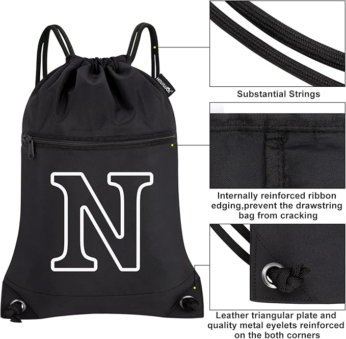 HOLYLUCK Drawstring Bags Initial Backpack Sackpack Cinch Bags for Sports, Gym, Travel, Beach (Black-N)