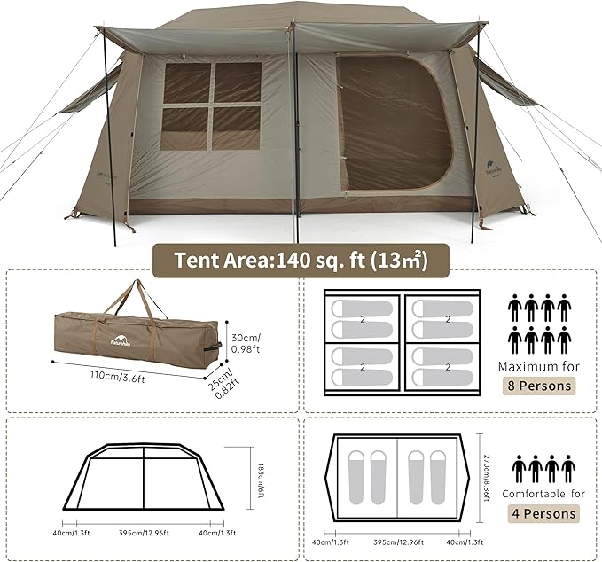 Naturehike Village Instant Tent, 4 Person 8 Person Camping Tent with Full Rainfly, Waterproof Large Cabin Tents for Car Camping