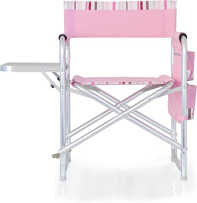 PICNIC TIME Sports Chair with Side Table, Outdoor Foldable Padded Adult Camping Chairs with Cup and Accessory Panel for Lawn, Beach, & Sports Use for Adults, 300-lbs Capacity, (Pink Stripe Accents)
