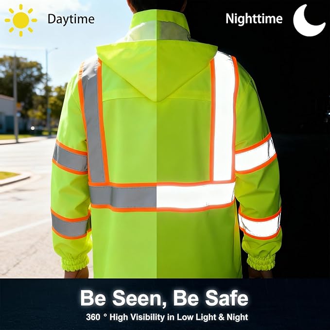 High Vis Reflective Safety Rain Jacket for Men, Class 3 Hi Vis Rain Gear for Construction Workers (Yellow,L/XL)