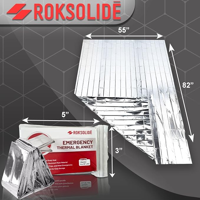 ROKSOLIDE Emergency Blankets | Mylar Thermal Blanket, Essential Survival Gear for Emergency Kits. Ultralight Reflective Foil Blanket for Camping or Cold Weather. Size 55" x 82", Silver, 8-Pack