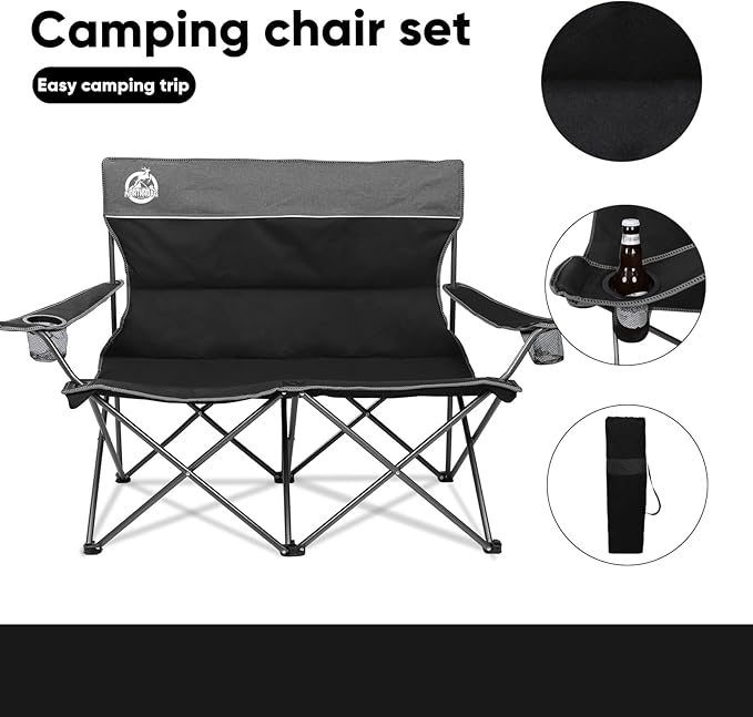 Northroad Outdoor Camping Chair Set of 3,Folding Padded Camp Chair w/1 Sofa,2 Single Chairs,Collapsible Conversation Set for Family Patio, Beach (Black)