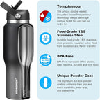 HYDROWION 32oz Water Bottle, Double Wall Vacuum Stainless Steel Insulated Water Flask with Straw Lid, Spout Lid and Flex Cap(Cold for 48 Hrs, Hot for 24 Hrs), Leakproof Travel Thermo Mug, Black&Grey