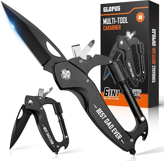 Stocking Stuffers for Men Adults, Multitool Carabiner with Pocket Knife, Christmas Gifts for Dad Men, Folding Knives, Bottle Opener, Window Breaker and Screwdriver, Survival Gear for Camping Hiking