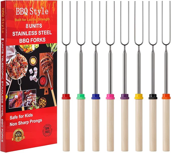 8 PCS Marshmallow Roasting Sticks, Telescoping Smores Sticks for Open Fire Pit, 32 Inch Long Marshmallow Toasting Barbecue Forks S'mores Skewers for Campfire Camping Hotdog Hot Dog Bonfire Grill