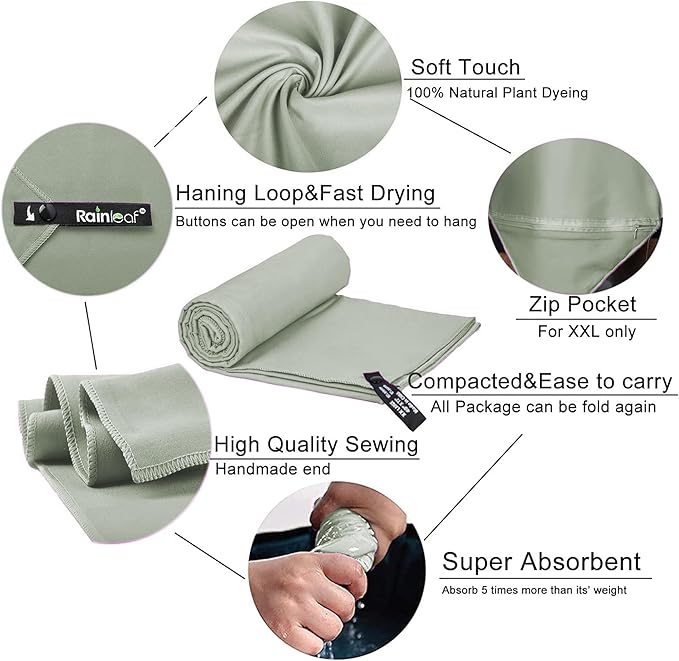 Rainleaf Microfiber Towel Perfect Travel & Gym & Camping Towel. Quick Dry - Super Absorbent - Ultra Compact - Lightweight. Suitable for Trip, Beach, Shower, Backpacking, Pool