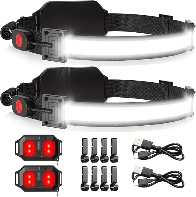 LED Headlamp USB Rechargeable 1000Lumen 230° Wide-Beam LED Headlight with Red Taillight, Super Bright Headband Light, Waterproof Headlamps for Camping,Hiking, Hard Hat Headlamp Pack of 2