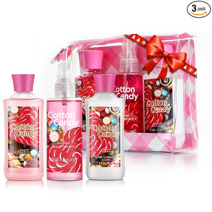 Cotton Candy Bath & Body Care Travel Set, Home Spa Gift Set Includes Body Lotion, Shower Gel, and Fragrance Mist, Personal Body Care Travel Set, Birthday Mother's Valentine's Day Gifts