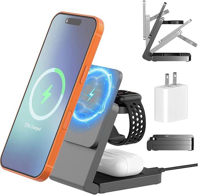 Wireless Charger iPhone Magnetic Charger Station 3 in 1 Charging Station Foldable Magsafe Charger Stand for iPhone 17 16 15 14 13 12 for Apple Watch 10 9 8 7 6 5 4 3 2 SE Ultra for AirPods 4 3 Pro