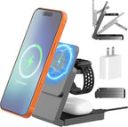 Wireless Charger iPhone Magnetic Charger Station 3 in 1 Charging Station Foldable Magsafe Charger Stand for iPhone 17 16 15 14 13 12 for Apple Watch 10 9 8 7 6 5 4 3 2 SE Ultra for AirPods 4 3 Pro