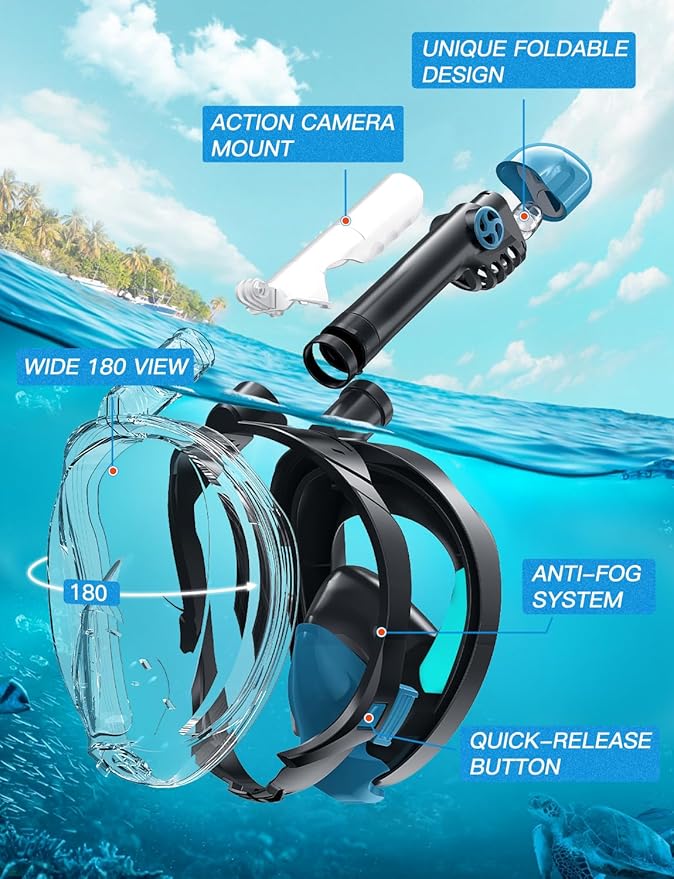 Zenoplige Full Face Snorkel Mask Adults,Dry-Top Snorkeling Gear with Camera Mount,Foldable 180-Degree Panoramic Scuba Mask for Snorkeling Diving Swimming Travel,Snorkel Mask Anti-Fog & Anti-Leak