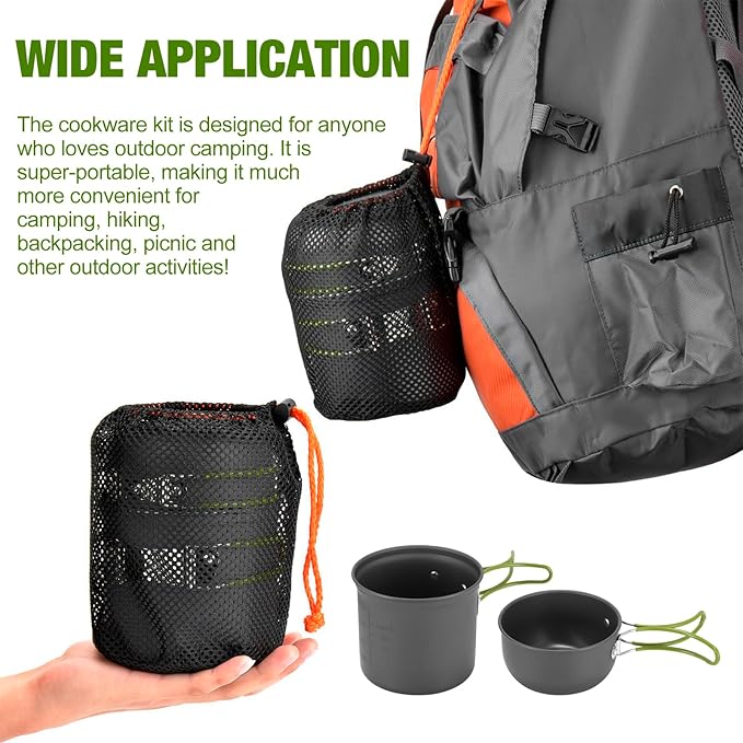 SS SUNSBELL Camping Cooking Set, Non-Stick Camping Pot and Pan Set, Portable Camping Cookware with Foldable Cutlery, 1-2 People Multifunctional Outdoor Cooking Equipment for Hiking, Picnicking