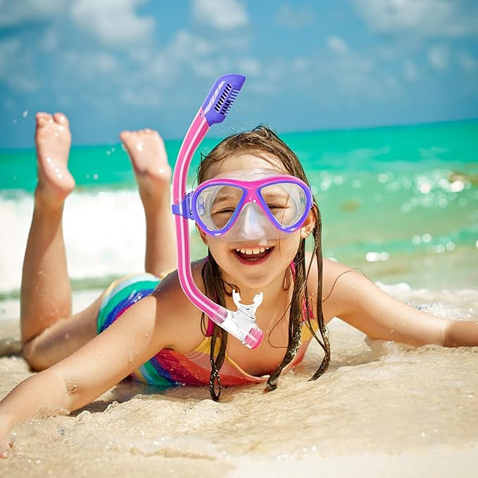 Snorkeling Gear for Kids Ages 5-15, 4 in 1 Mask Fins Snorkel Set with HD Tempered Glass Panoramic View Anti-Fog Mask, Dry Top Snorkel, Adjustable Trek Fins, and Mesh Bag, Kids Snorkel Set for Youth