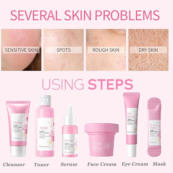 Skincare Gifts For Teenage Girls,Cherry Blossom Skincare Sets,Facial kit,Pamper Sets For Women Gifts,Skin Care Sets & Kits (One Size, Cherry Blossom-SetA-Base Moisturizing)