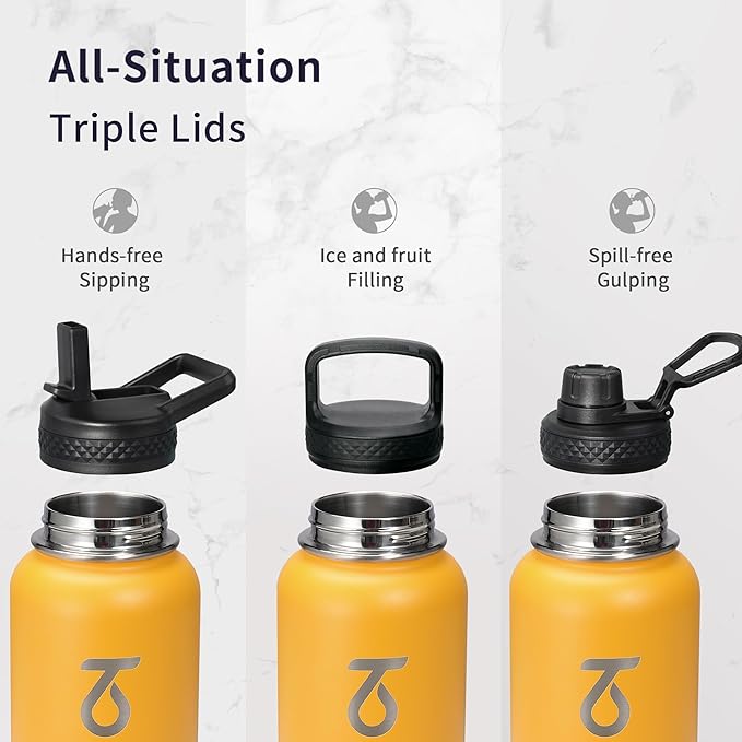 Trebo 32oz Water Bottle Insulated with Lid and Straw,Double Wall Vacuum Stainless Steel Metal Tumbler Sports Flask with Paracord Handle, Keep Hot 24 Hours & Cold 48 Hours Water Cup with 3 Lids, Orange
