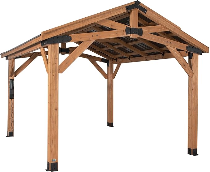 Backyard Discovery Norwood 14' x 10' Cedar Wood Outdoor Gazebo Pavilion with Hardtop Galvanized Steel Peak Roof, Snow Support, Wind Resistance, PowerPort, Shade for Garden, Patio, Deck, Entertaining