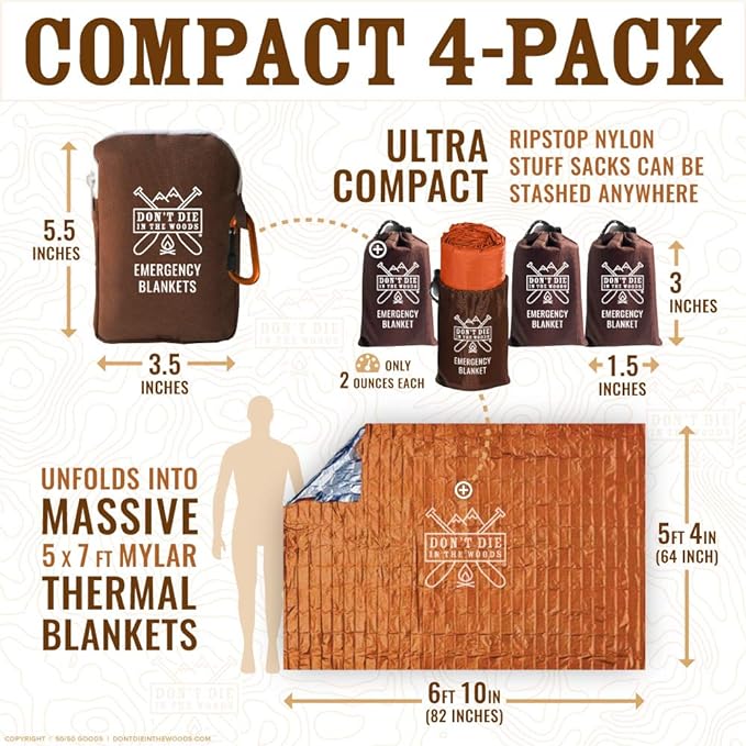 Don't Die In The Woods - Freakin’ Huge Emergency Blankets [4-Pack] Extra-Large Thermal Mylar Space Blankets with Ripstop Nylon Stuff Sacks + Carabiner Zipper Pack [Survival Orange]