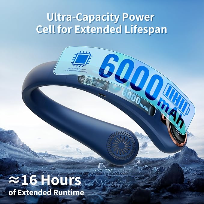 Portable Neck Fan with 6000mAh USB - Rechargeable Battery, 360° Cooling Wearable Fan, 3 Speeds, Ultra-Light Bladeless Neck Fan LED Display (Blue)