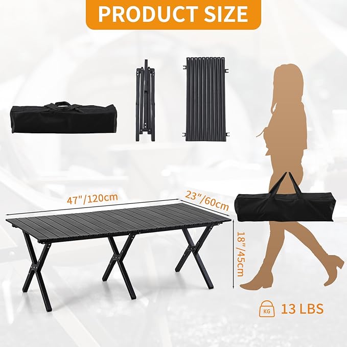 BOOSDEN Aluminum Folding Camping Table, Portable Foldable Picnic Table, Outdoor Lightweight Roll-up Camping Table, Collapsible Camp Table for Beach,Party, Patio, BBQ, Travel, Backyard