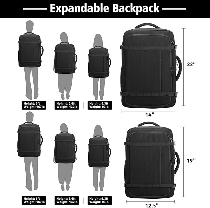 Ample Space Travel Backpack with LifetimeWarranty,Expandable Carry on Backpack with Cable Access Port,Fits 17.3"Laptop Notebook,Water Resistant Weekender Backpack Business Trips,Daily Travel,Black
