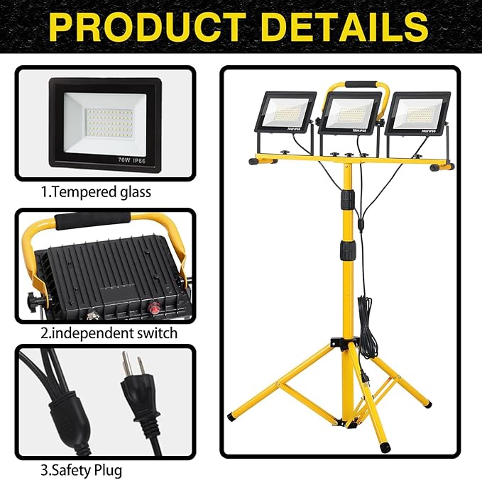 21000 lumens LED Work Light, IP66 Waterproof Portable Work Light, with Tripod, 16.4-Foot (About 5 Meters) Wire; Suitable for Outdoor and Indoor Workshop, Garage, and Construction site Lighting