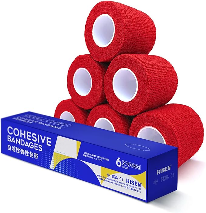 RISEN Cohesive Bandage 2” x 5 Yards, 6 Rolls, Self Adherent Wrap Medical Tape, Adhesive Flexible Breathable First Aid Gauze Ideal for Stretch Athletic