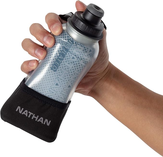 Nathan Running Handheld Water Bottle Adjustable No-Grip Quick Squeeze Lite Hand Strap. 12 oz Insulated Water Bottle. Reflective Hydration