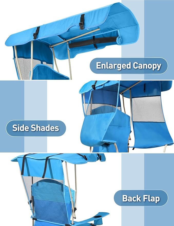 Beach Chair with Canopy Shade, Folding Camping Chair with Canopy with Cup Holder, Side Pocket for Camp, Beach, Tailgates, Fishing - Support 330 LBS