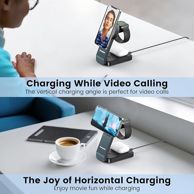 3-in-1 Wireless Charging Station for Apple Devices, 15W Wireless Charger for iPhone 17/16/15/14/13/12, Apple Watch, AirPods, Magnetic Foldable Fast Charger Apple Charging Station (Black)