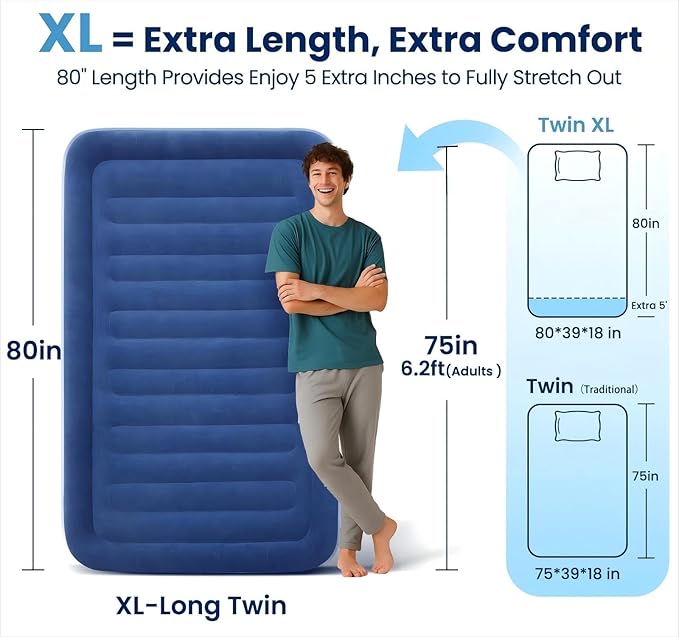 KINGJERRY Twin XL Air Mattress with Built-in Pump, 18" Raised Comfort, Upgraded 80" Length, Dual-Layer Leakproof, Support 500 lbs, 2 Min Inflation, Inflatable Blow-up Bed for Home Camping Guests