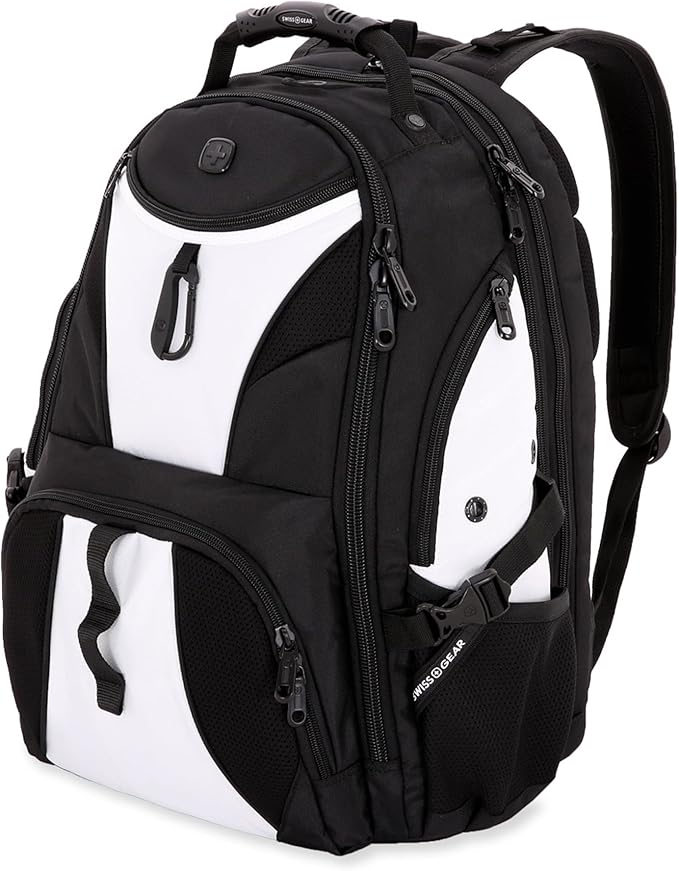 SwissGear 1900 ScanSmart 17” Laptop Backpack White/Black – Reflective Tech Backpack with ScanSmart Compartment – Multiple Organizer Pockets & RFID Scan Blocking Technology