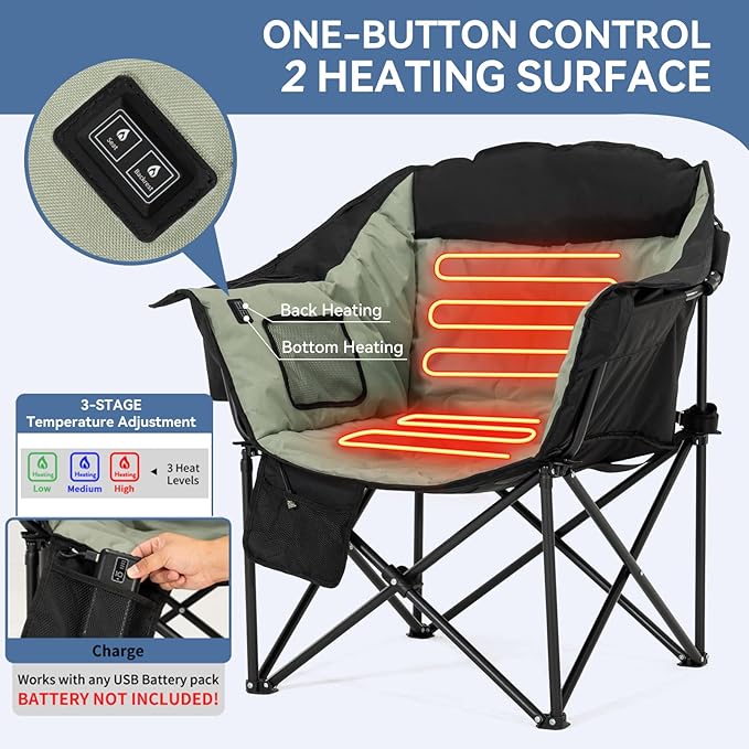 LILYPELLE Oversized Heated Camping Chair, Patio Lounge Chairs with 3 Heat Levels, Portable Folding Heated Chair Round Moon Saucer Folding Lawn Chair Outdoor Chair for Camping, Lounge Patio