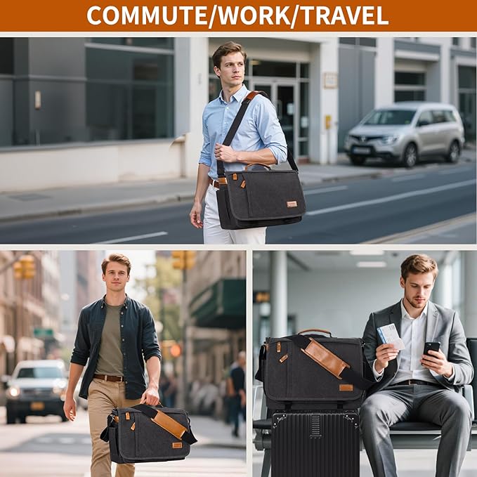 ESTARER Messenger Bag 17-17.3 Inch, Men's Computer Satchel Water-resistant Canvas, Teacher Laptop Briefcase for Work Office College, Dark Grey