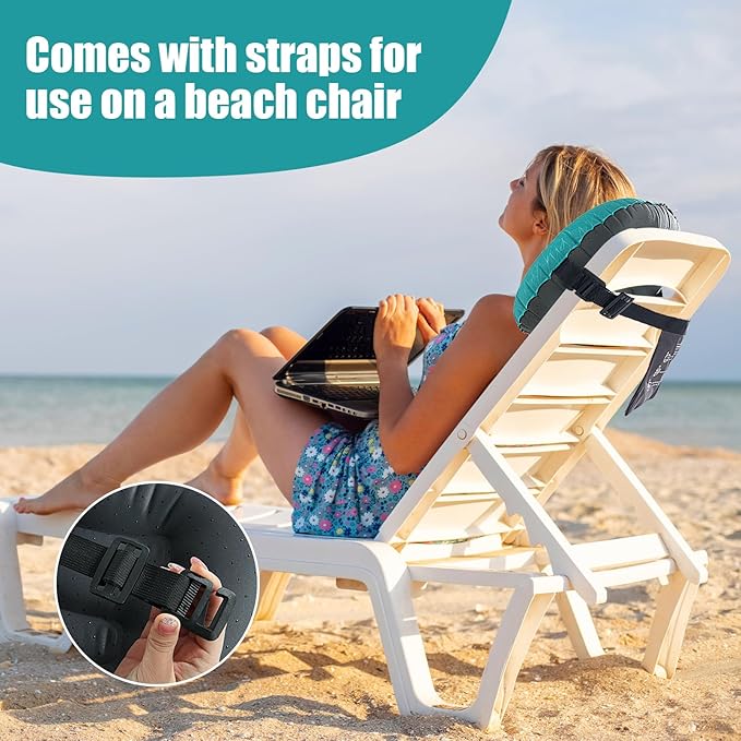 HOMBYS Beach Pillow Inflatable Camping Pillow Pool Pillow-Won’t Blow Away on Windy Beaches, Soft & Durable, Foldable and Portable, with Straps and Sandbag.(Blue, 17"x12.6"x4.7")