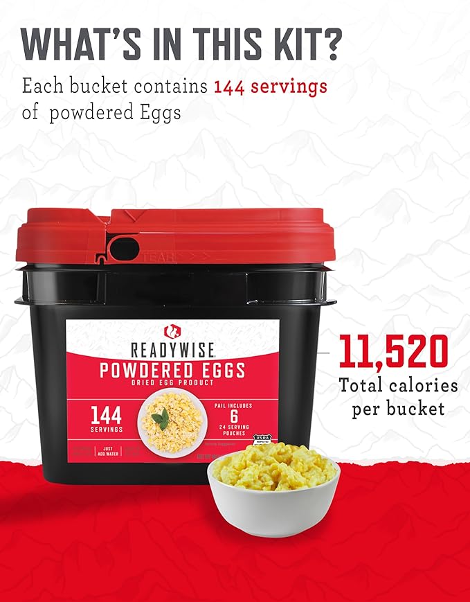 ReadyWise Emergency Food Supply - 144 Servings Freeze Dried Powdered Eggs Bucket, Protein Meals, Survival Food, Backpacking, Camping Essentials & Emergency Prepping Supplies, up to 10 Year Shelf Life