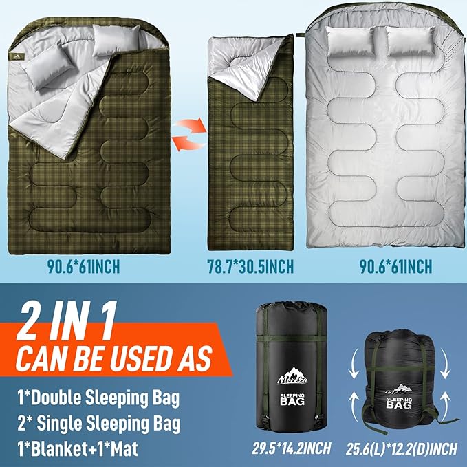MEREZA Double Sleeping Bag for Adults Mens with Pillow, XL Queen Size Two Person Sleeping Bag for All Season Camping Hiking Backpacking 2 Person Sleeping Bags for Cold Weather & Warm