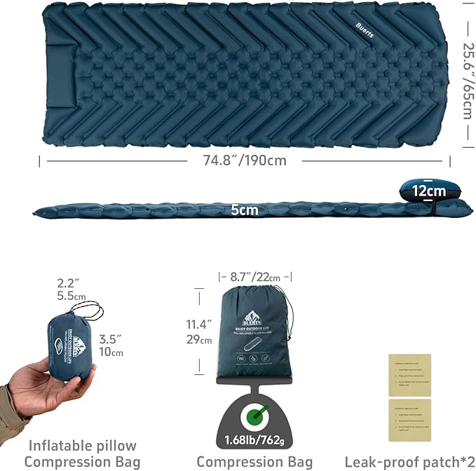 Camping Sleeping mat and Inflatable Pillow - Set, Portable, Ultra-Light, Thickened, Quick to inflate in 30s, can be Spliced. Suitable for Backpacking, Hiking, Camping and Other Scenes