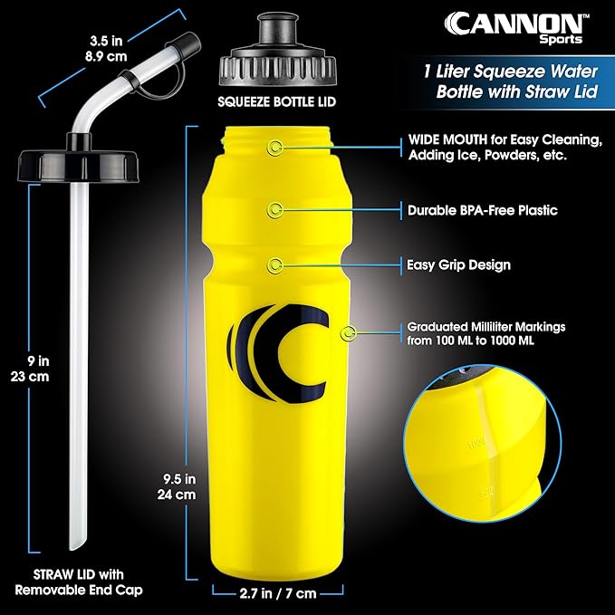 Cannon Sports 1 Liter Sports Water Bottle, BPA-Free, 34 Oz Capacity, Large Mouth, 2 lids (Straw and Squeeze), Great For Helmet Sports Such As Hockey, Lacrosse, Football, Boxing (6 Pack) (Yellow)