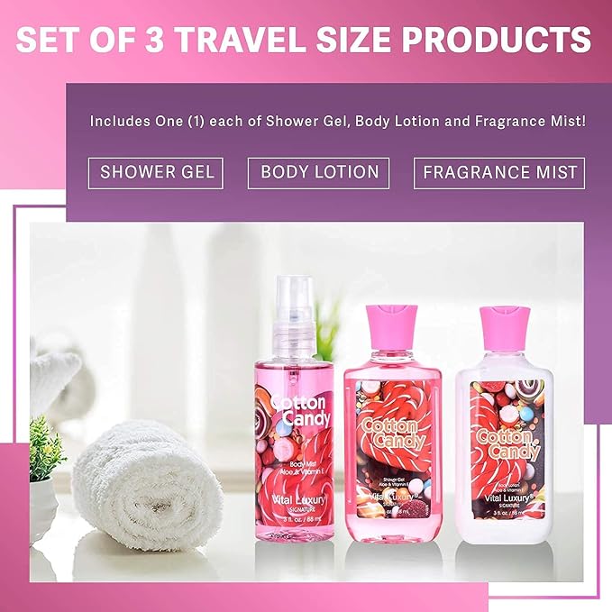 Bath and Body Gift Set, Cotton Candy Scented, 3-Piece Travel Size Collection, Shower Gel, Body Lotion, Body Mist, 3 Fl Oz Each (Cotton Candy)