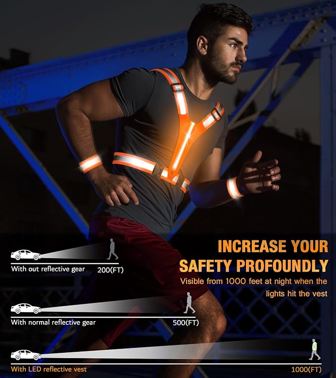 Led Light Up Running Vest Reflective Vest for Runners Night Walking, Rechargeable LED Reflective Running Vest High Visibility with Adjustable Waist/Shoulde, Reflective Armband for Women Men