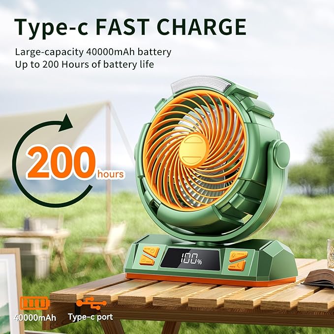 Camping LED Fan with Light, 40000mAh Rechargeable Battery Powered Outdoor Tent Fan with Light and Hook, 6 Speed, Personal USB Desk Fan for Camping, Fishing, Power Outage,Hurricane, Worksite