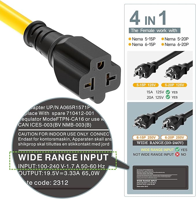 [4-in-1] 12AWG 15 Amp Household AC Plug to 20 Amp T Blade Adapter Cable, NEMA 5-15P to 5-15R/ 5-20R/ 6-15R/ 6-20R, 4 in 1 AC Adapter,15A 125V to 20A 250V Extension Cable, 1FT