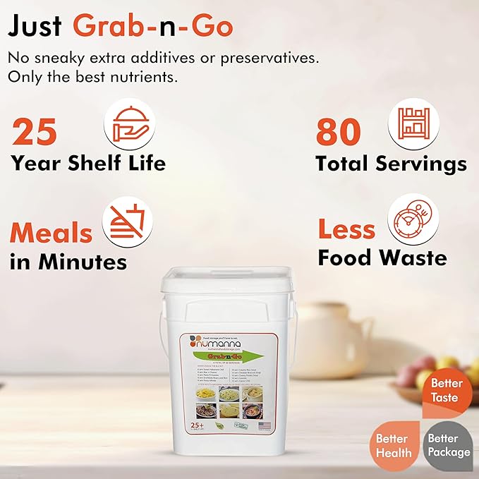 Numanna Grab-n-Go Buckets 240 Servings, 36 lbs Freeze-Dried Premade Meals | 25+ Year Shelf Life | Non-Perishable, Ready-to-Eat Breakfast & Dinner Everyday Meals | Emergency Food Kit | Made in USA Pack of 3