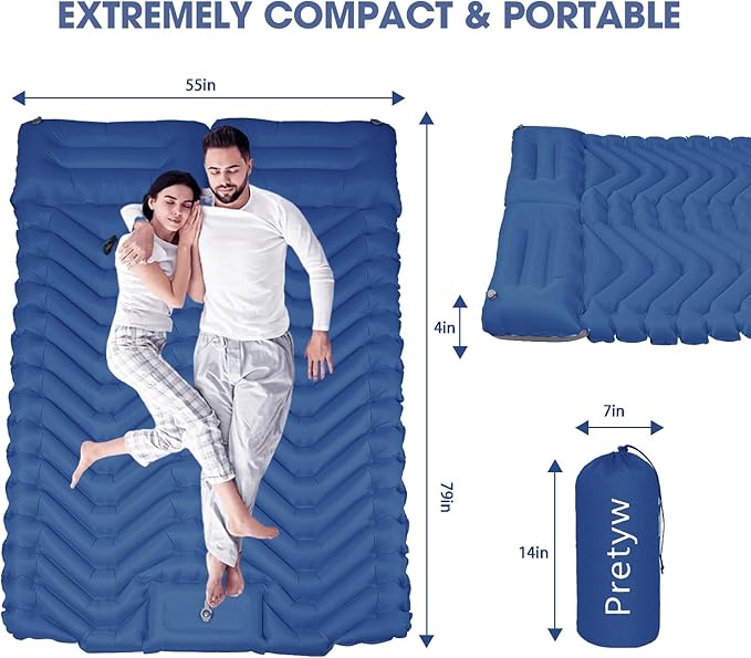 Double Sleeping Pad for Camping, Ultralight Camping Mattress with Pillow, Built-in Foot Pump, Thick Self-Inflatable 2-Person Portable Mat for Backpacking Hiking Car Traveling Beach Tent
