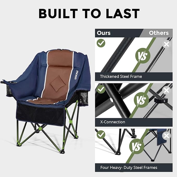 Oversized Camping Chair for Large Adults Heavy Duty 400 lbs Capacity, Comfortable Padded Folding Lawn Chair with Back & Headrest Support and Cup Holder, Portable Outdoor Chair with Carry Bag