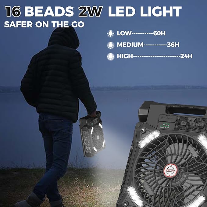 MORECORE 10000mAh 11inch Solar Camping Fan with Dual Charging, 4 Speeds & 3 Light Levels, 36H Run Time, Timer & 90° Adjustable, Portable Quiet Desk Fan for Hiking, Hurricane, Outages, Fishing-Black