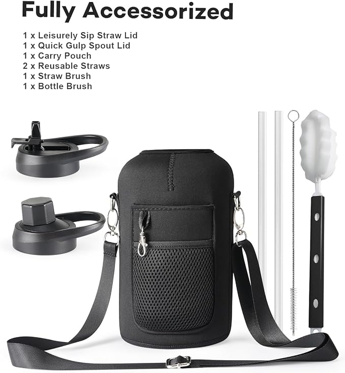 64 oz Insulated Water Bottle with Straw and Lid, Half Gallon Stainless Steel Cup with Handle,Leakproof Metal Travel Jug Flask Mug Tumbler Cup With Carry Pouch and Brush,Keep Cold & Hot,Grey