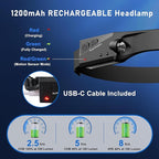 Headlamp Rechargeable, LED Waterproof Headlight for Adults, 230° Headband Light Forehead, USB Head lamp Band, 350 Lumen Super Bright, 5 Modes, Comfortable for Running,Fishing,Hiking