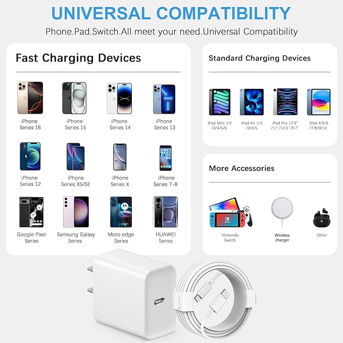 10FT iPhone 17 16 15 Charger Fast Charging USB C Charger Block Type C Chagrer Fast Charging 2-Pack for iPhone 17/17 Plus/17 Pro/17 Pro Max/iPhone 16/16 Plus/16 Pro/16 Pro Max/15/15 Pro Max/Samsung