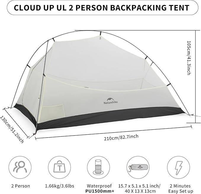 Naturehike Cloud-Up 2 Person Tent Lightweight Backpacking Tent with Footprint - Free Standing Ultralight Camping Hiking Backpack Tents Two Person Tent